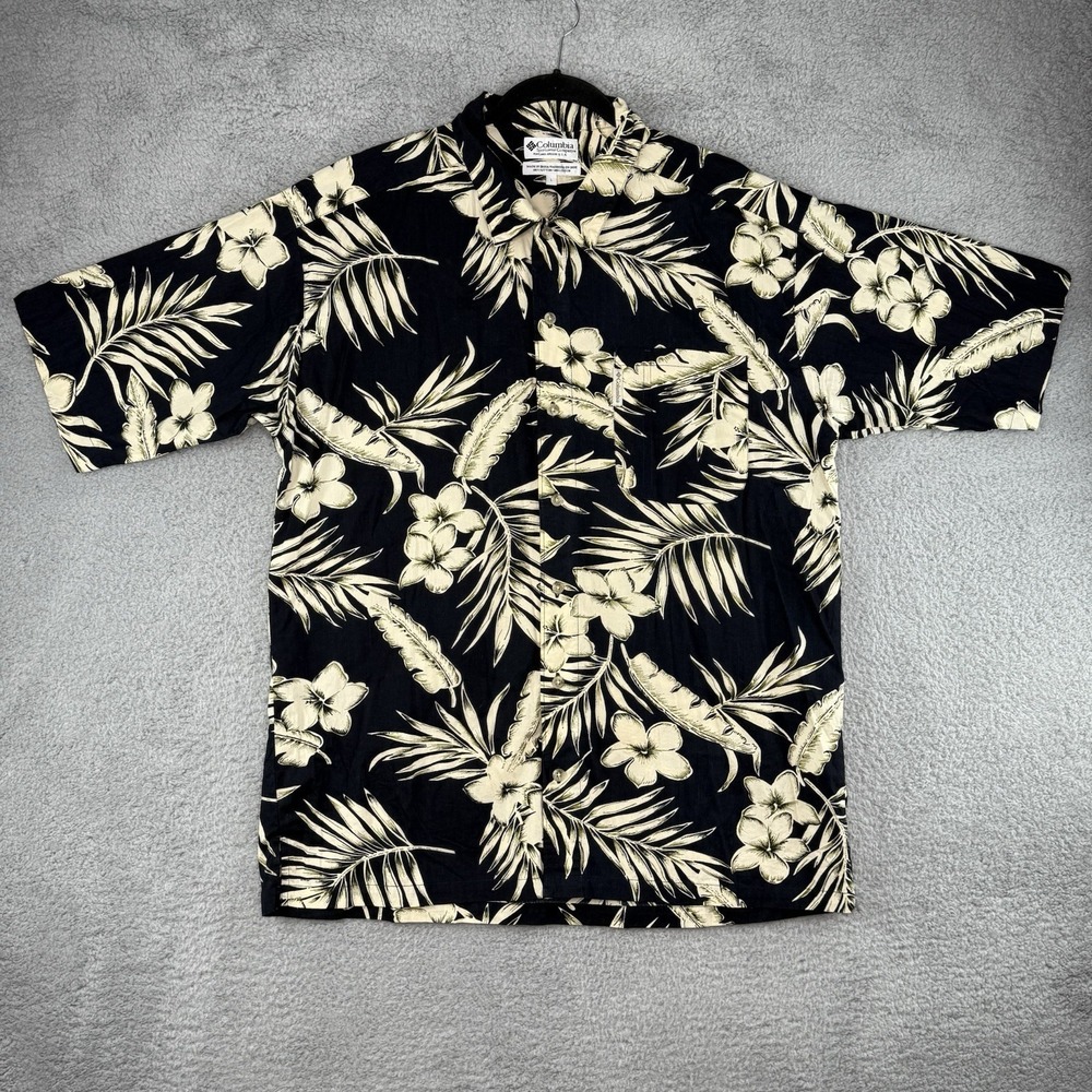 Columbia Tropical Shirt Black Size L Floral Hawaiian Button Up‎ Cotton Pocket